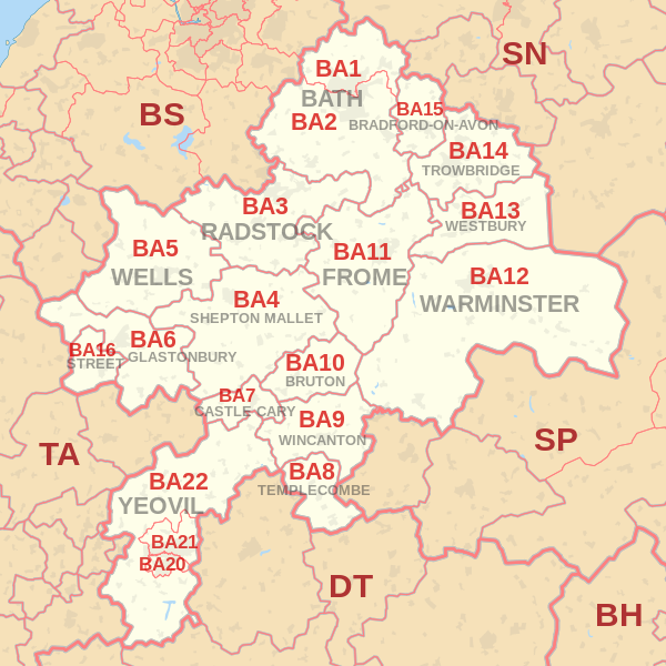 A map of the BA postcode area around Bath, UK.