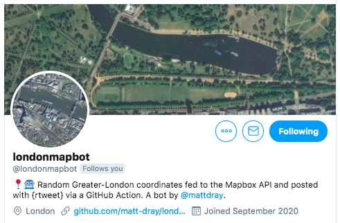 The Twitter profile page for londonmapbot, showing satellite images of the city.