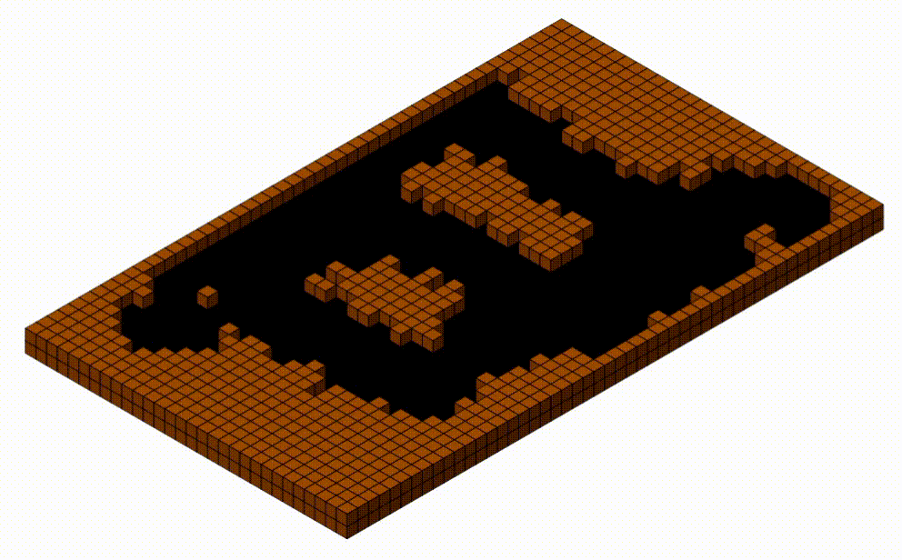 A gif of several successive procedural dungeons composed of isometric cubes. The bottom cube layer represents the floor. The top layer is composed of brown 'wall' cubes. Gaps in the second layer expose the black floor cubes beneath. The result is an enclosed cavern-like space. Each frame is a new random pattern of open floor space.
