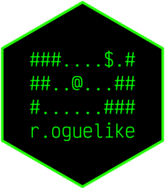 Hex sticker design for the 'r.oguelike' R package. Black background with bright green font, reminiscent of old computer terminal output. In the centre, a three-by-ten arrangement of hashmarks and periods, along with a single at symbol and dollar sign, which looks like a classic ASCII tile-based roguelike game. The text 'r.oguelike' is underneath.
