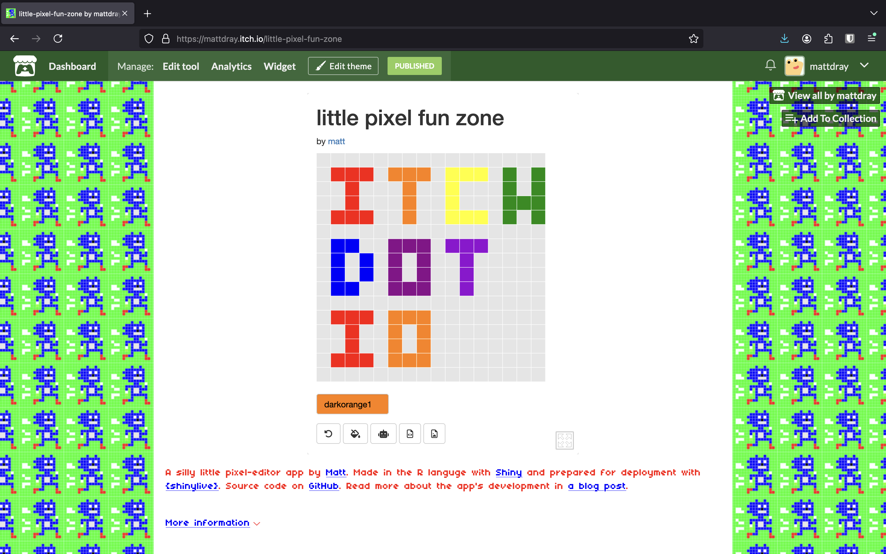 The indie game distribution platform, itch.io, showing a pixel-editor tool made with R Shiny.