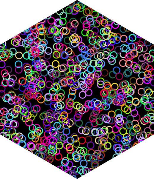 A black hexagon filled with a thousand small circles of varying colours.