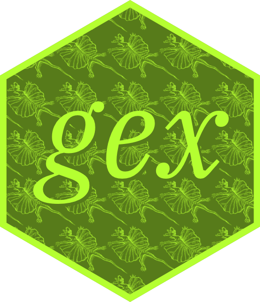 A hexagon logo for the package 'gex'. In the centre is italicised serif text saying the package name. The background is a repeating pattern of a line-drawn frill-winged lizards heading from lower-right to top-left. It has a border. The colours are olivedrab1 and olivedrab4 from base R's named colour palette.